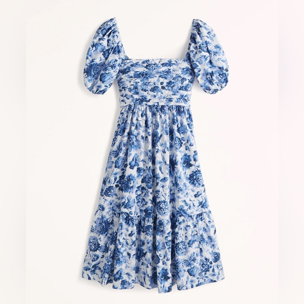 NWT Abercrombie & Fitch Ruched Puff Sleeve Poplin Midi Dress Blue Floral